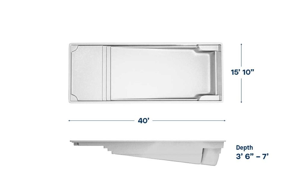 Corinthian 16 dimensions: 15' 10" x 40', depth 3' 6" to 7'