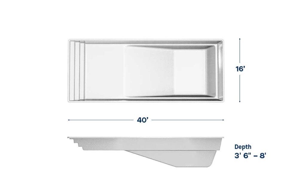 Monaco dimensions: 16' x 40', depth 3' 6" to 8'